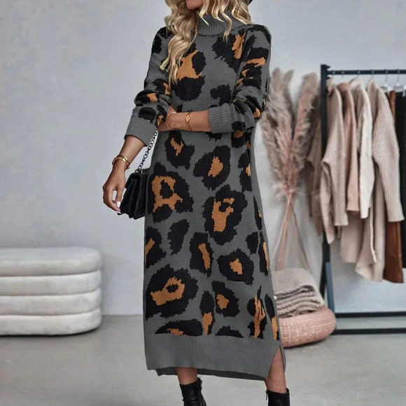 Dresses & Skirts - Multicolor Casual Women's Leopard Print Turtleneck Sweater Dress